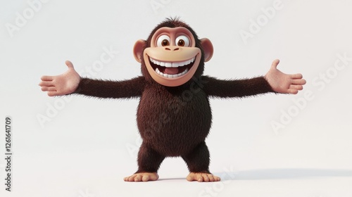 32.A cheerful 3D cartoon monkey with a round face, wide grin, and bright eyes, standing upright with arms spread wide, rendered with smooth textures on a white background.