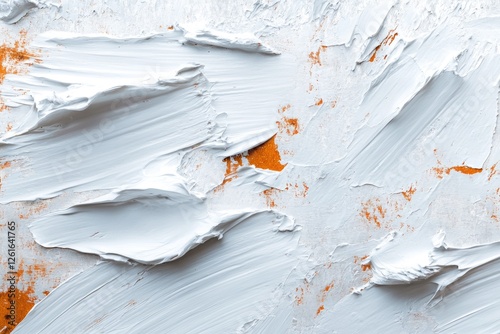 White paint strokes on a wood surface with orange underpainting photo