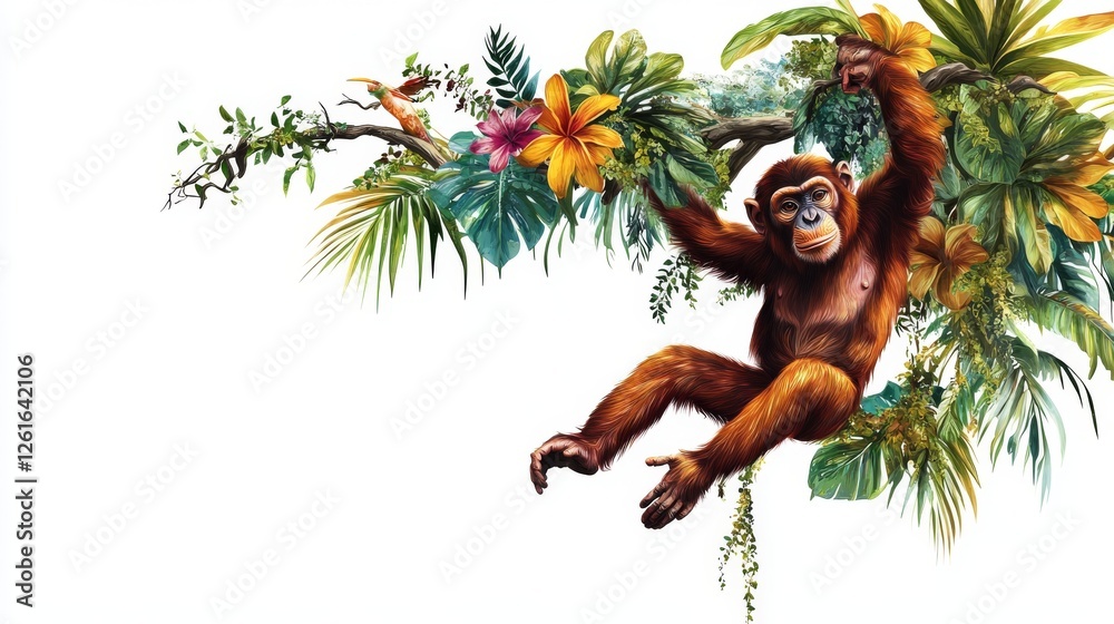 Obraz premium 83.Vector composition of a monkey hanging by its tail from a tree branch, with detailed tropical vegetation and vibrant colors isolated on a plain white background.
