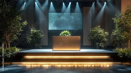 A large conference podium with an interactive touchscreen for presentation, corporate event atmosphere