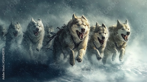 A dog sled race in the Arctic, determined sled dogs pulling their teams across snowy terrain