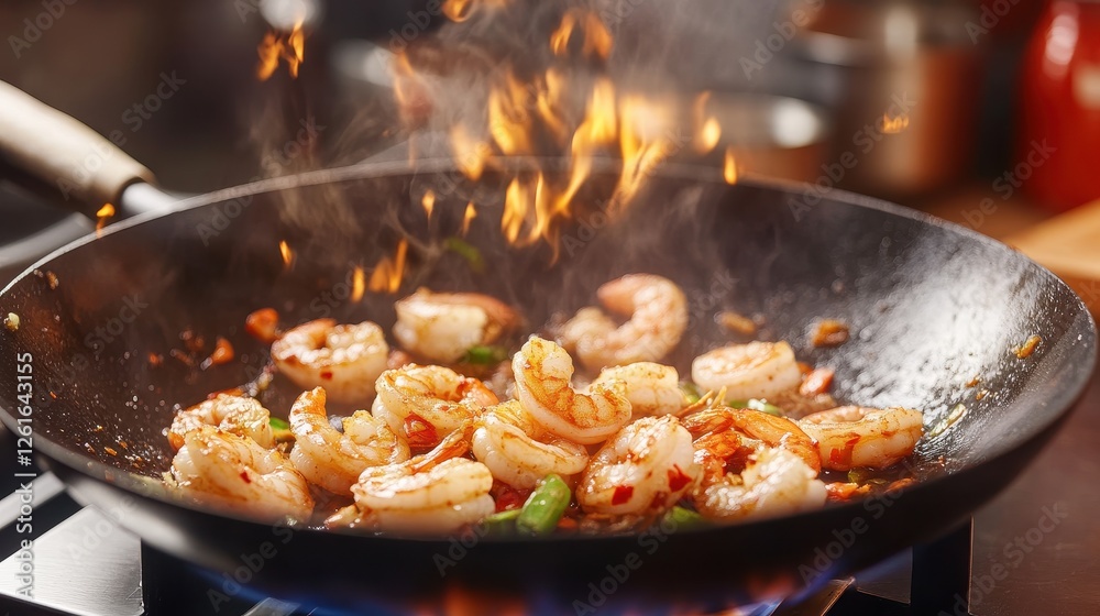 Sizzling Shrimp Cooking in a Wok with Flames and Aromatic Spices Sizzling Shrimp Cooking in a Wok with Flames and Aromatic Spices