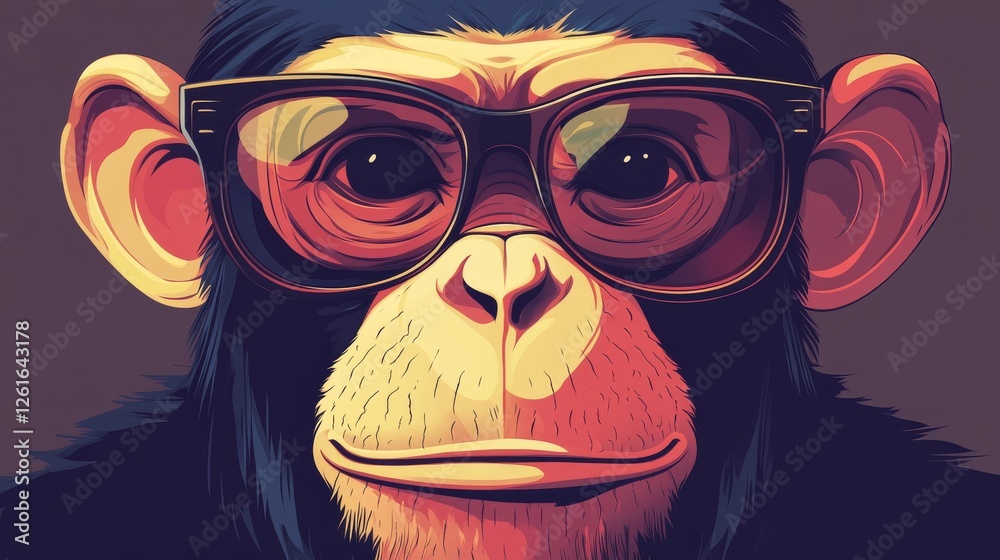 51.Vector illustration of a geeky monkey mascot, wearing oversized glasses and a confident smirk, with a minimalist yet dynamic composition. 51.Vector illustration of a geeky monkey mascot, wearing oversized glasses and a confident smirk, with a minimalist yet dynamic composition.