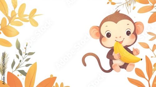 Wallpaper Mural 61.Kids illustration with a cute monkey eating a banana and text isolated on white background in vector Torontodigital.ca