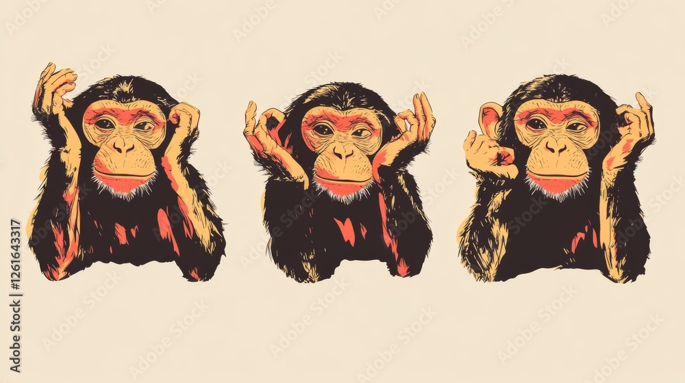 Obraz premium 58.Minimalist illustration of three monkeys in a symbolic arrangement, drawn with bold lines and muted colors, performing the gestures for see no evil, hear no evil, and speak no evil.