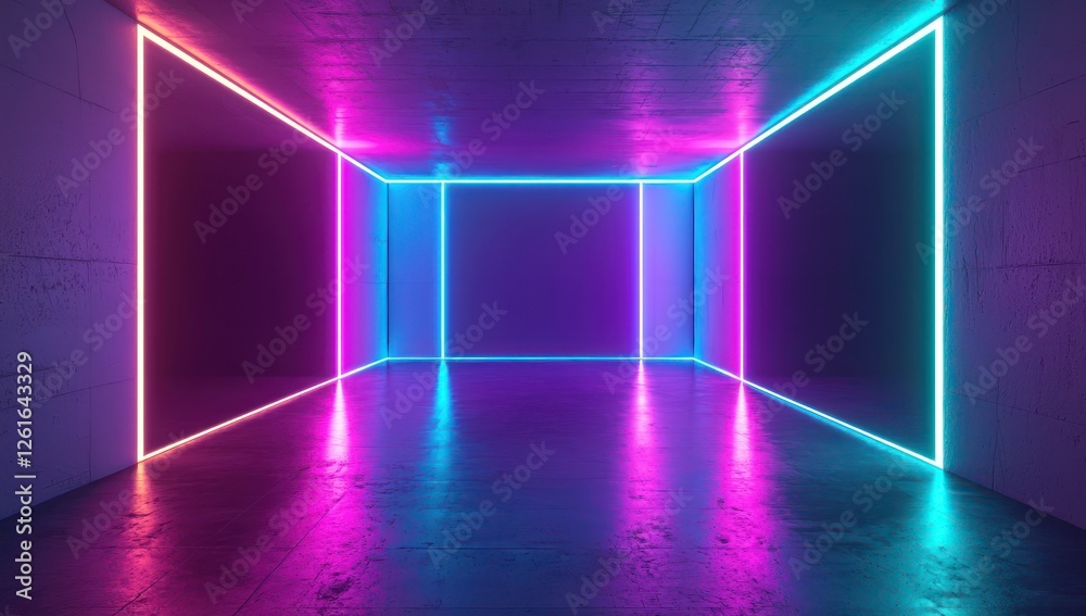 In a dark generative space, fragmented neon in purple and teal casts a dramatic, abstract glow. In a dark generative space, fragmented neon in purple and teal casts a dramatic, abstract glow.