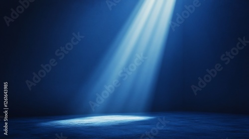 Bright light beams dramatically illuminate dark blue studio floor. AI Generated