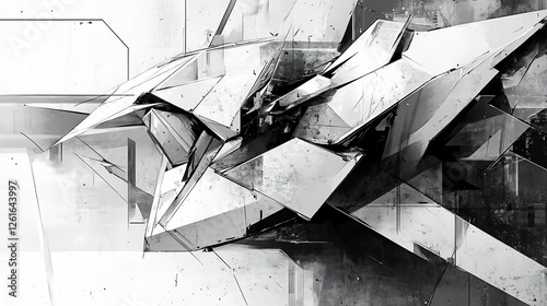 Abstract grayscale artwork featuring sharply angled geometric forms dramatically arranged. AI Generated