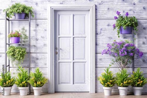 White door, potted plants, wooden wall, spring decor, home entrance