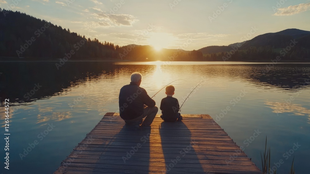 Grandfather teaching grandson how to fish on a lake Grandfather teaching grandson how to fish on a lake
