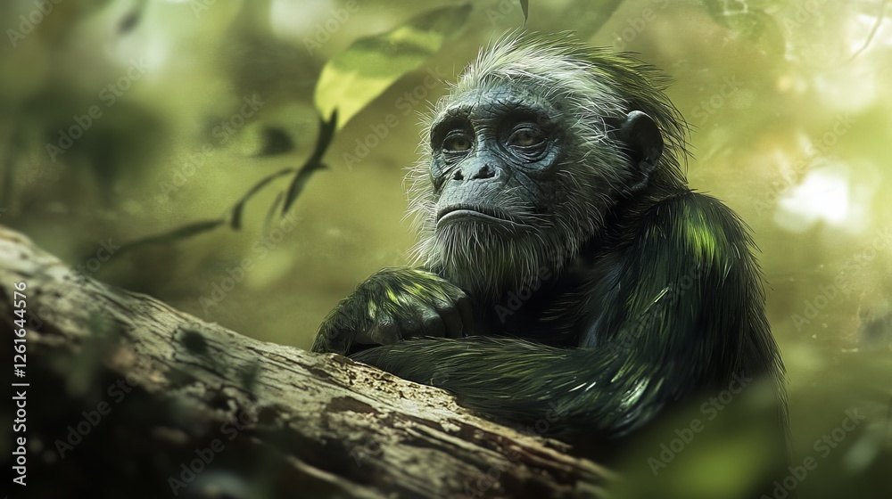 Naklejka premium 45.Green monkey sitting calmly on a weathered log, its face detailed with distinct markings and a contemplative expression, framed by blurred forest vegetation.