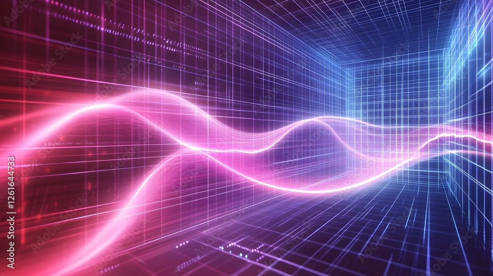 Abstract glowing wave pattern within a digital grid structure Abstract glowing wave pattern within a digital grid structure