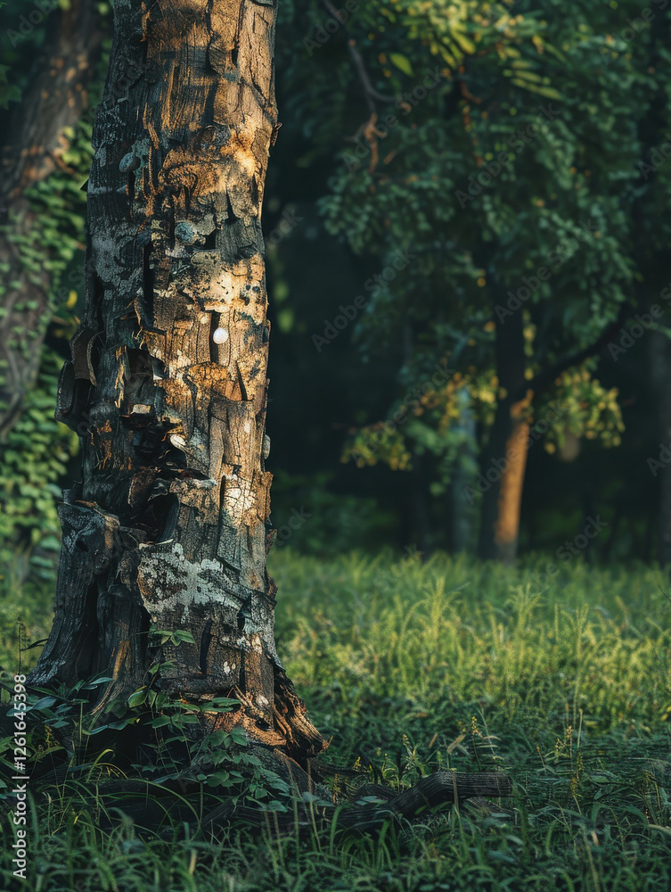 A sunlit tree trunk surrounded by lush greenery in a tranquil forest setting. A sunlit tree trunk surrounded by lush greenery in a tranquil forest setting.