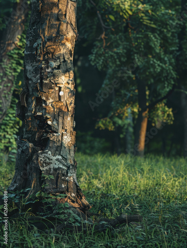 A sunlit tree trunk surrounded by lush greenery in a tranquil forest setting.