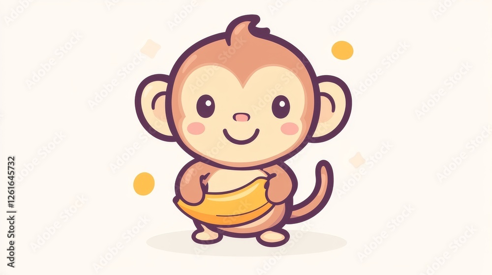 74.Cute vector icon of a cartoon monkey holding a banana with a big grin, drawn in a flat and minimalist style with warm, soft colors against a white background. 74.Cute vector icon of a cartoon monkey holding a banana with a big grin, drawn in a flat and minimalist style with warm, soft colors against a white background.