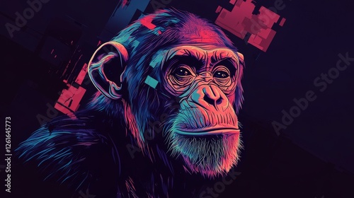71.Edgy vector illustration of a chimpanzee head in glitch art style, using warped lines and vibrant color separations, set on a dark and minimalist backdrop.