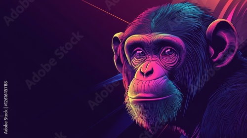 71.Edgy vector illustration of a chimpanzee head in glitch art style, using warped lines and vibrant color separations, set on a dark and minimalist backdrop.
