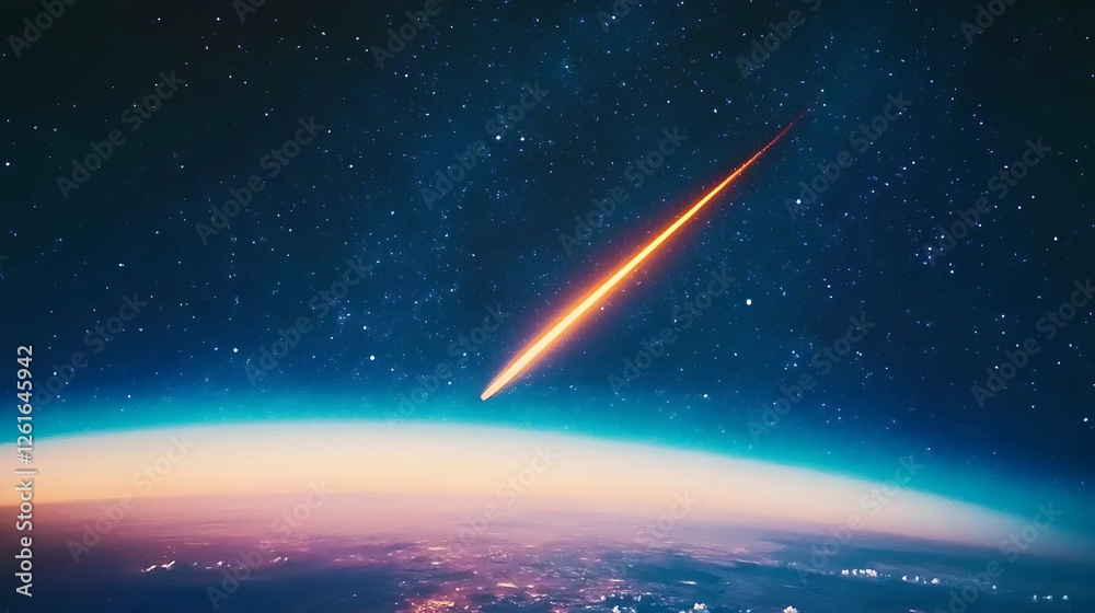 Fiery Celestial Body Descending Over Earth in the Starry Night Sky and Atmosphere Fiery Celestial Body Descending Over Earth in the Starry Night Sky and Atmosphere