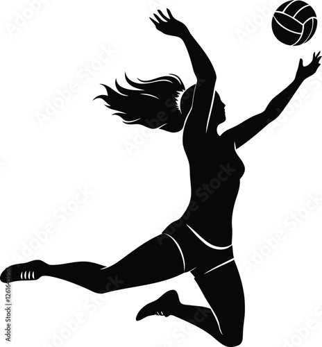 Woman or Female Volleyball player in action silhouette vector, Volleyball player in action isolated icon set, Volleyball player in action line art vector with transparent background
