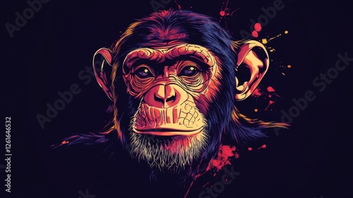 67.Vector t-shirt and apparel design with glitchy head of a chimp ape photo