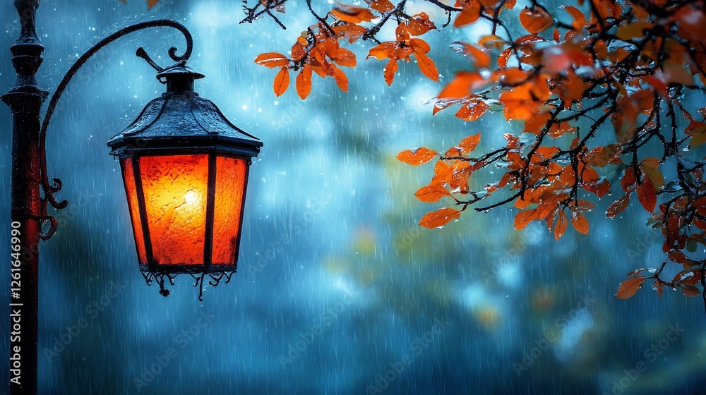 Warm lamplight glows softly during autumn rain. AI Generated Warm lamplight glows softly during autumn rain. AI Generated