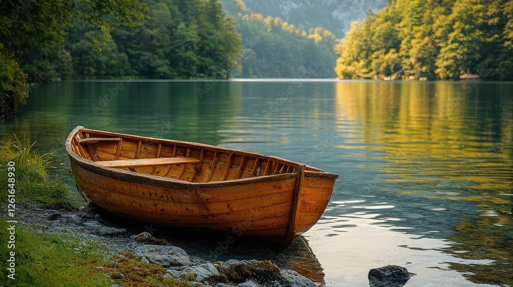 A serene wooden boat resting on the shore of a tranquil lake surrounded by lush greenery