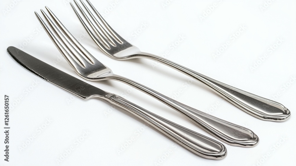 Three stainless steel forks and a knife arranged on a white background. Three stainless steel forks and a knife arranged on a white background.
