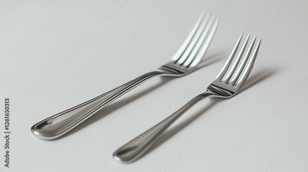 Two stainless steel forks on a light gray surface. Two stainless steel forks on a light gray surface.