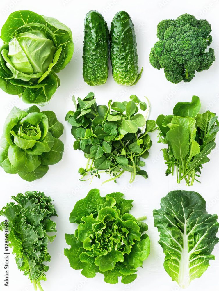 A variety of fresh green vegetables arranged in a grid pattern on a white background. A variety of fresh green vegetables arranged in a grid pattern on a white background.