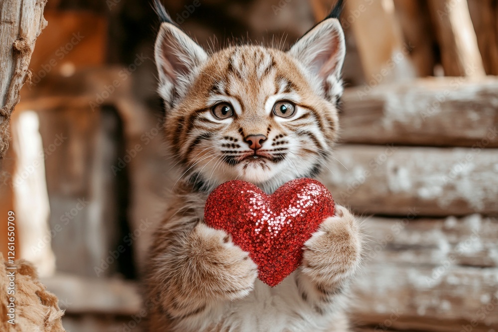 Fototapeta premium Lynx - my desired animal. Digital ads animal creative. Cute lynx baby with sparkling rhinestones red heart on in a natural habitat. Cute nature love. Love in the animal kingdom. Wild love.