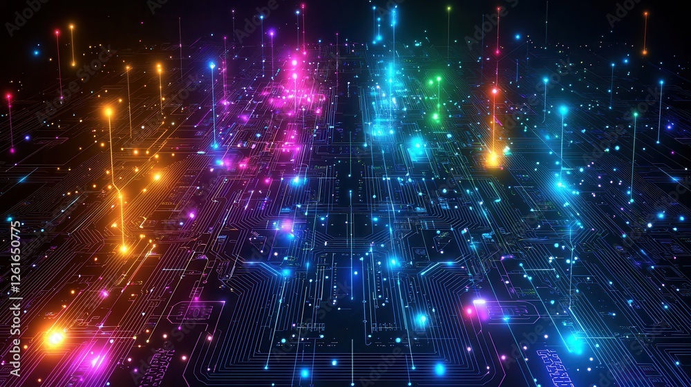 Obraz premium Abstract Futuristic Technology Background Colorful Circuit Board with Glowing Nodes and Connections