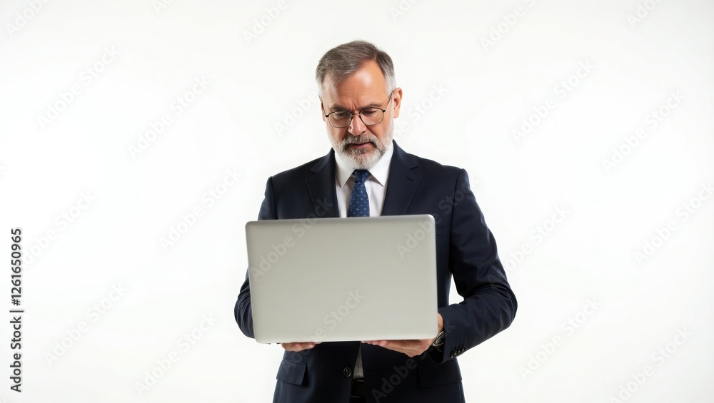 mature businessman in a dark suit, holding a laptop while focusing on his work. mature businessman in a dark suit, holding a laptop while focusing on his work.