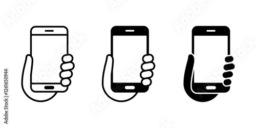 Hand holding smartphone. Hand holding a phone symbol. Human hand holding smartphone silhouette icon