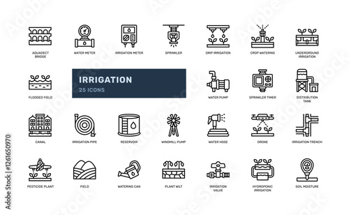 irrigation watering farm agriculture system hydration outline line icon set