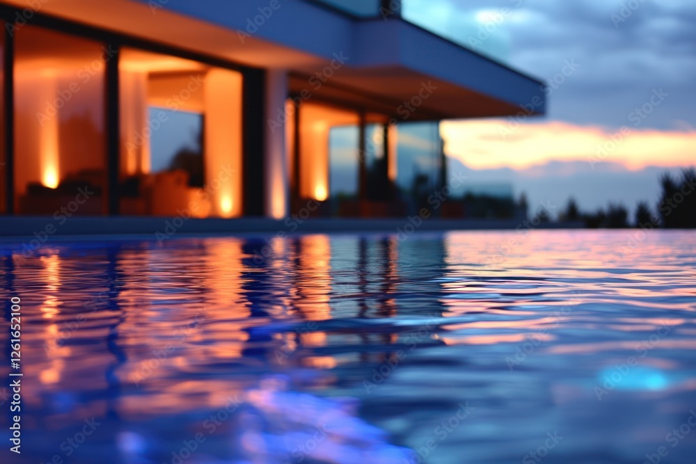 Fototapeta premium Sunset poolside modern villa, luxury home