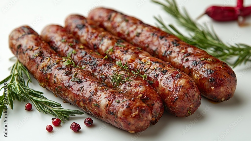 Delicious Grilled Sausages with Herbs on a White Plate. Generative AI Delicious Grilled Sausages with Herbs on a White Plate. Generative AI