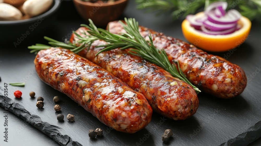 Delicious grilled sausages garnished with fresh herbs and spices on a dark serving board. Generative AI Delicious grilled sausages garnished with fresh herbs and spices on a dark serving board. Generative AI