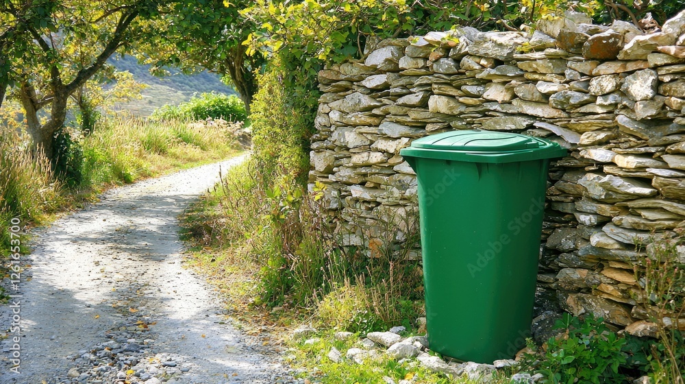 Green trash bin beside a stone wall along a rural pathway surrounded by lush greenery Green trash bin beside a stone wall along a rural pathway surrounded by lush greenery
