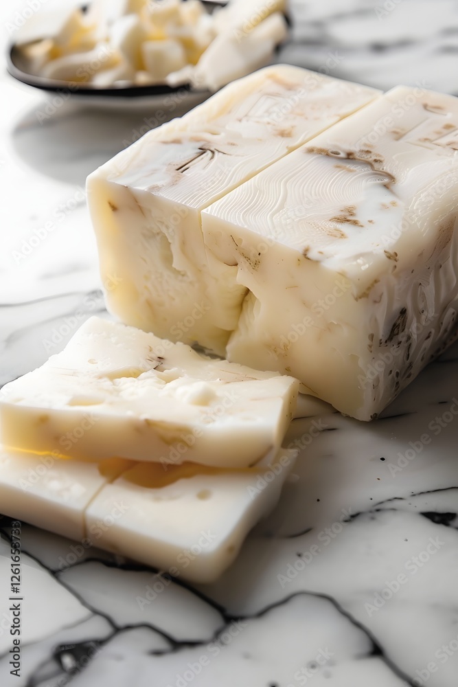 Flawless Marble-Veined Cheese Block Sliced into Perfect Pieces Flawless Marble-Veined Cheese Block Sliced into Perfect Pieces