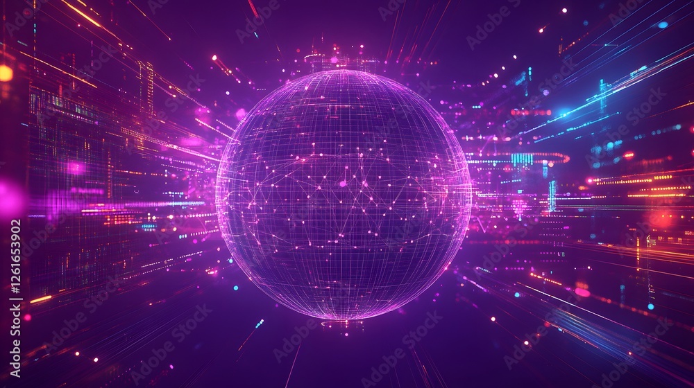 Fototapeta premium A glowing digital sphere surrounded by data streams appears