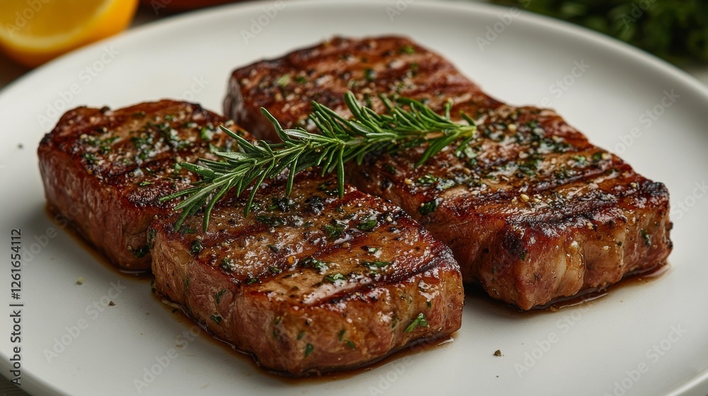 Grilled steak with rosemary garnish delicious close-up of a perfectly cooked steak. Generative AI Grilled steak with rosemary garnish delicious close-up of a perfectly cooked steak. Generative AI