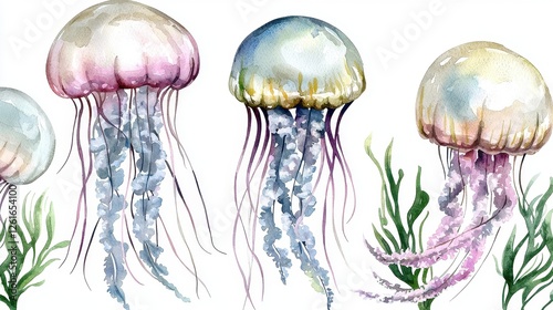 Watercolor Painting of Elegant Jellyfish with Seaweed Ocean Wildlife Underwater Scene photo