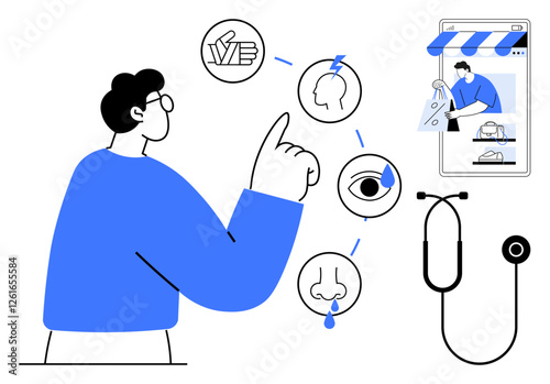 Hand pointing towards icons depicting healthcare elements thumbs up checkmark, head, eye, nose, and drop, linked to online doctor consultation on a smartphone. Ideal for telemedicine, digital health