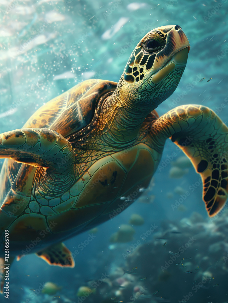 Fototapeta premium A vibrant underwater scene featuring a swimming sea turtle amidst colorful marine life.