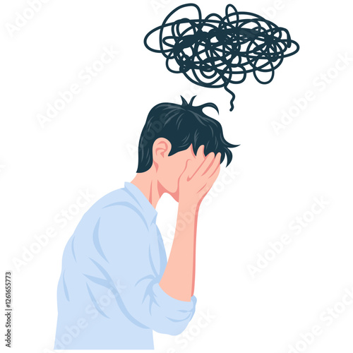 Man Mental Disorder Confusion Suffering from Depression Closing Face with Palms in Despair Vector Illustration