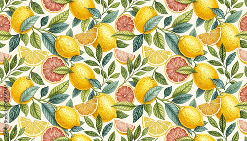 Hand drawn watercolor colorful lemon fruit citrus slices, leaf seamless pattern summer background