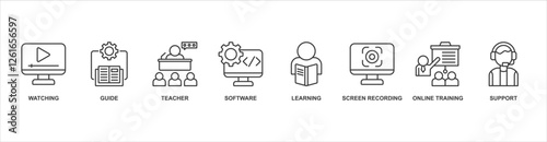 Video Tutorial banner web icon sheet vector illustration concept with icon of watching, guide, teacher, software, learning, screen recording, online training, support