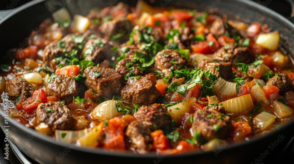 Delicious Beef Stew with Fresh Vegetables in a Skillet. Generative AI Delicious Beef Stew with Fresh Vegetables in a Skillet. Generative AI