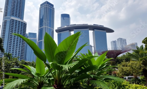 City botanical garden with tropical exotic plants against the backdrop of high skyscrapers of the metropolis contrast of urbanism and nature eco friendly chinese architecture architecture culture chin photo