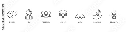 Volunteering banner web icon sheet vector illustration concept with icon of charity, help, together, support, unity, doantion, community